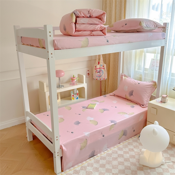 91家纺网 家纺一手货源 找家纺 小叮当家纺仓储工厂店 2025新款舒适亲肤全棉纯棉斜纹印花学生三件套 银杏叶-粉