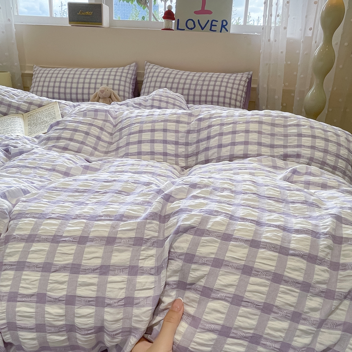 91家纺网 家纺一手货源 找家纺 （总）凯洛奇 2025新款窗格纹泡泡纱阳离子四件套（提供买家秀）