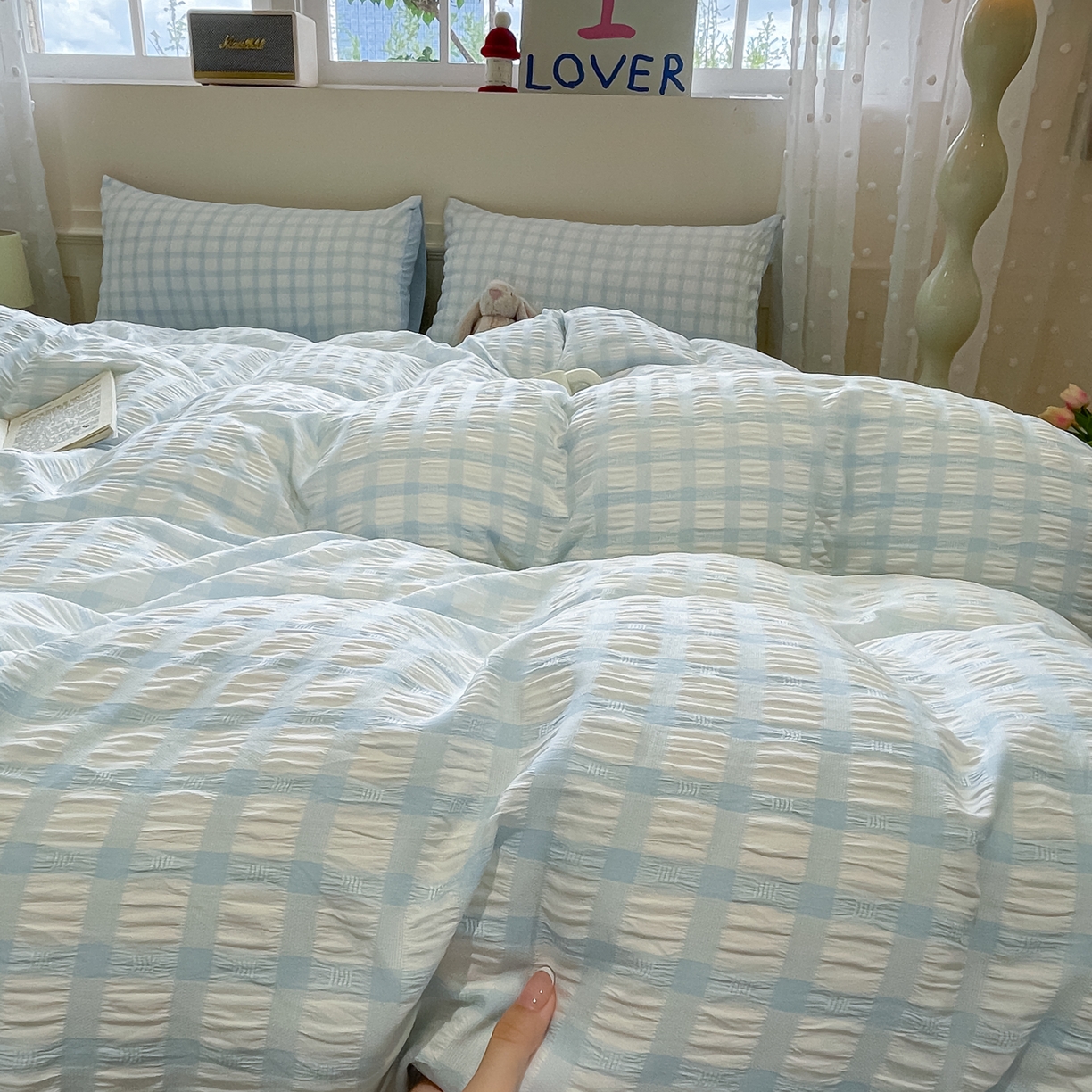 91家纺网 家纺一手货源 找家纺 凯洛奇 2025新款窗格纹泡泡纱阳离子四件套（提供买家秀） 窗格纹泡泡纱-天青蓝