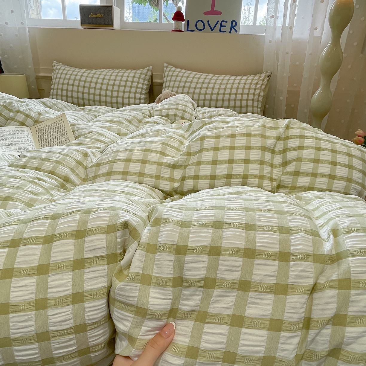 91家纺网 家纺一手货源 找家纺 凯洛奇 2025新款窗格纹泡泡纱阳离子四件套（提供买家秀） 窗格纹泡泡纱-抹茶绿