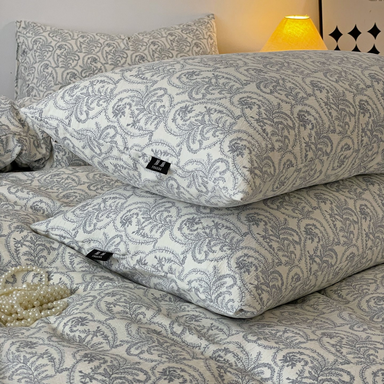 91家纺网 家纺一手货源 找家纺 梦纤绒 2025秋冬新款A类高克重亚麻复古诧季风原麻系列四件套 卡曼蓝