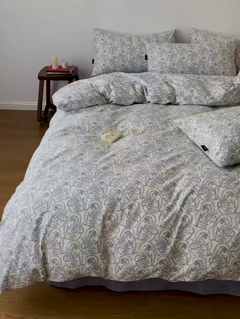 91家纺网 家纺一手货源 找家纺 梦纤绒 2025秋冬新款A类高克重亚麻复古诧季风原麻系列四件套 卡曼蓝