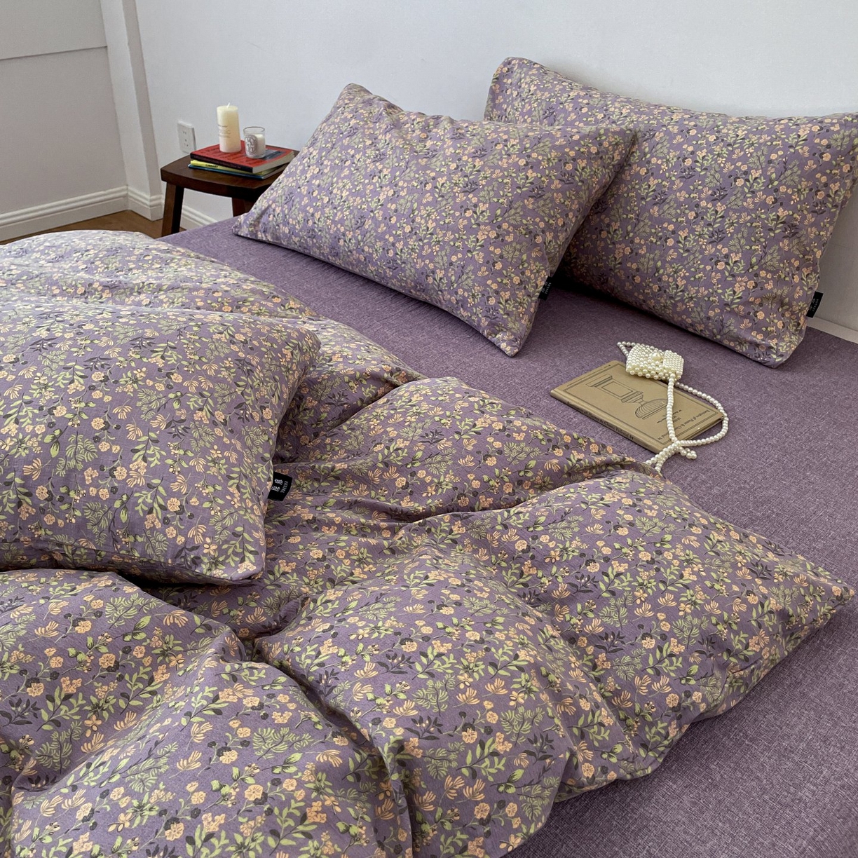 91家纺网 家纺一手货源 找家纺 梦纤绒 2025秋冬新款A类高克重亚麻复古诧季风原麻系列四件套 洛檀紫