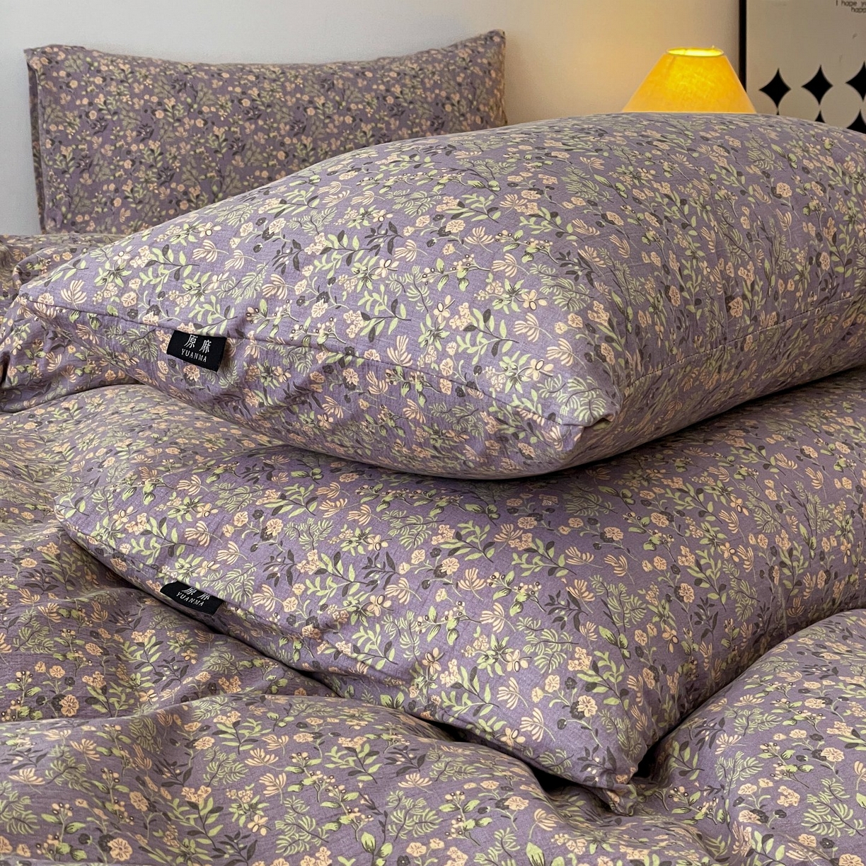 91家纺网 家纺一手货源 找家纺 梦纤绒 2025秋冬新款A类高克重亚麻复古诧季风原麻系列四件套 洛檀紫