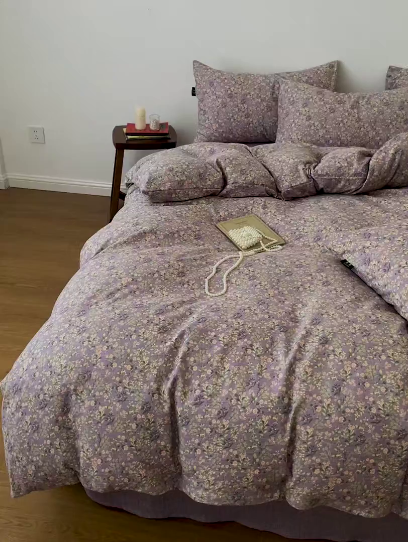 91家纺网 家纺一手货源 找家纺 梦纤绒 2025秋冬新款A类高克重亚麻复古诧季风原麻系列四件套 洛檀紫