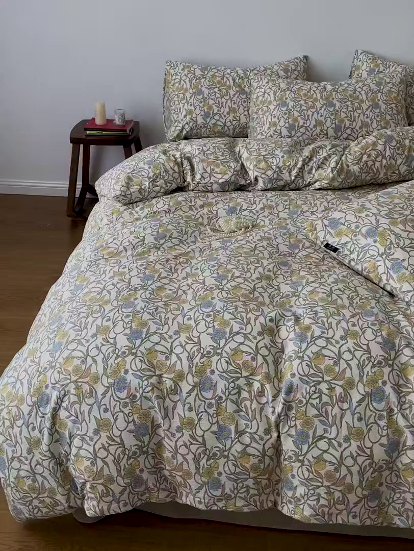 91家纺网 家纺一手货源 找家纺 梦纤绒 2025秋冬新款A类高克重亚麻复古诧季风原麻系列四件套 秘境绿