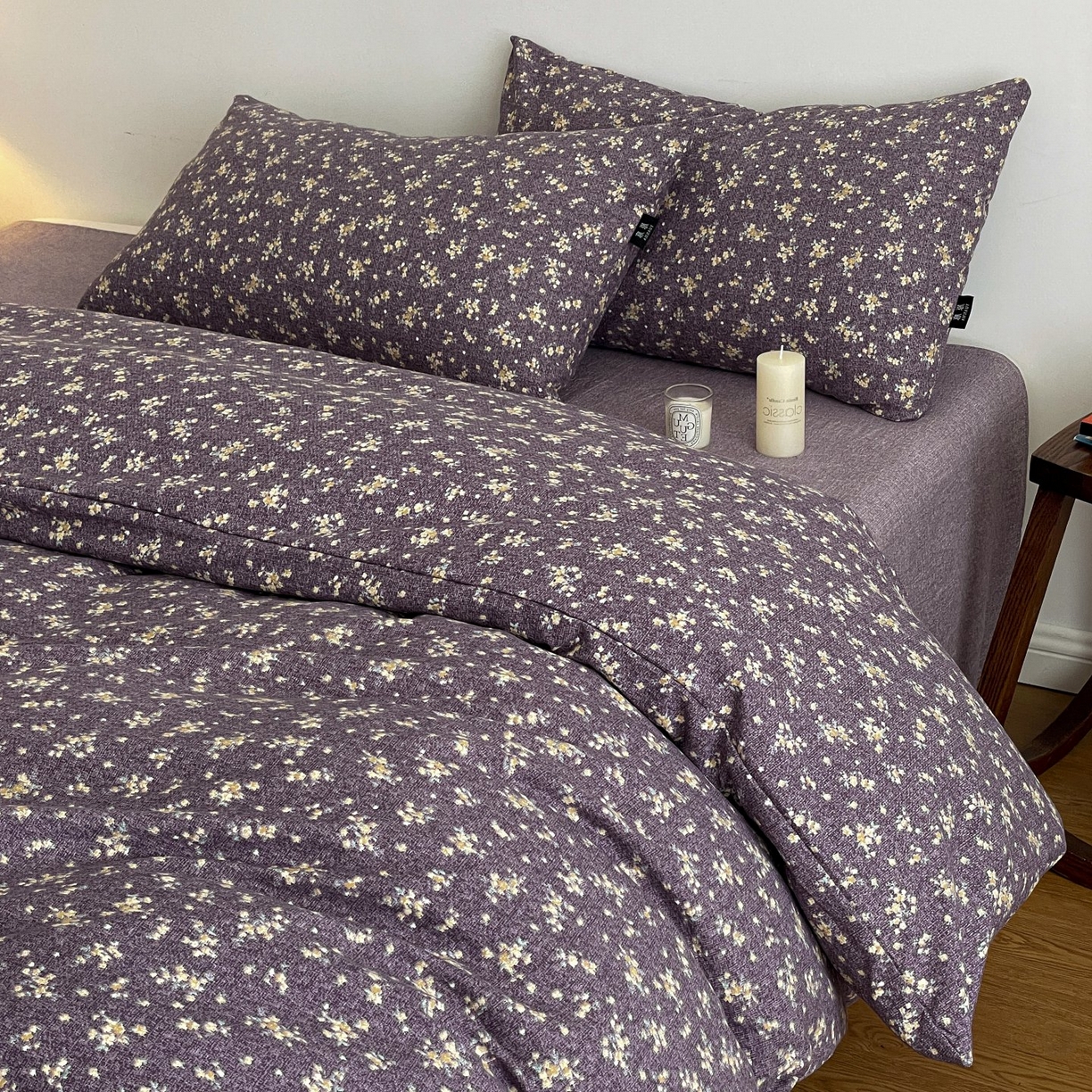 91家纺网 家纺一手货源 找家纺 梦纤绒 2025秋冬新款A类高克重亚麻复古诧季风原麻系列四件套 茉莉紫