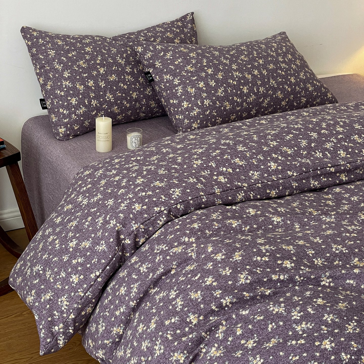 91家纺网 家纺一手货源 找家纺 梦纤绒 2025秋冬新款A类高克重亚麻复古诧季风原麻系列四件套 茉莉紫