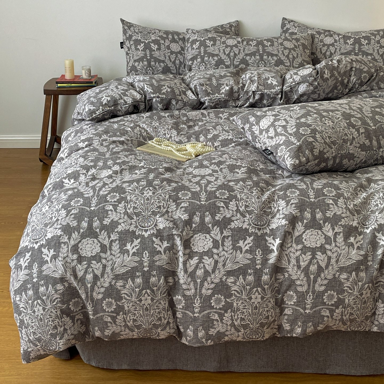 91家纺网 家纺一手货源 找家纺 梦纤绒 2025秋冬新款A类高克重亚麻复古诧季风原麻系列四件套 水墨青筠 灰