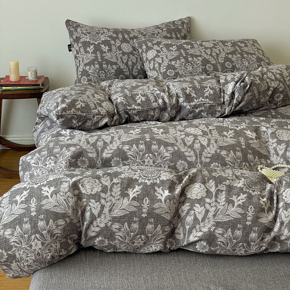 91家纺网 家纺一手货源 找家纺 梦纤绒 2025秋冬新款A类高克重亚麻复古诧季风原麻系列四件套 水墨青筠 灰