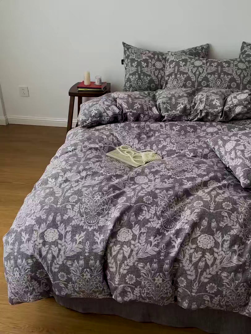 91家纺网 家纺一手货源 找家纺 梦纤绒 2025秋冬新款A类高克重亚麻复古诧季风原麻系列四件套 水墨青筠 灰