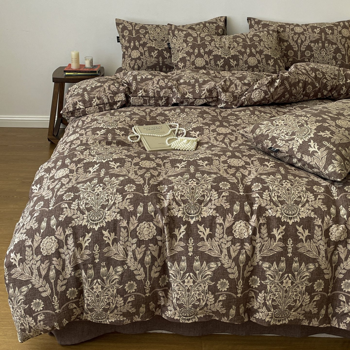 91家纺网 家纺一手货源 找家纺 梦纤绒 2025秋冬新款A类高克重亚麻复古诧季风原麻系列四件套 水墨青筠咖