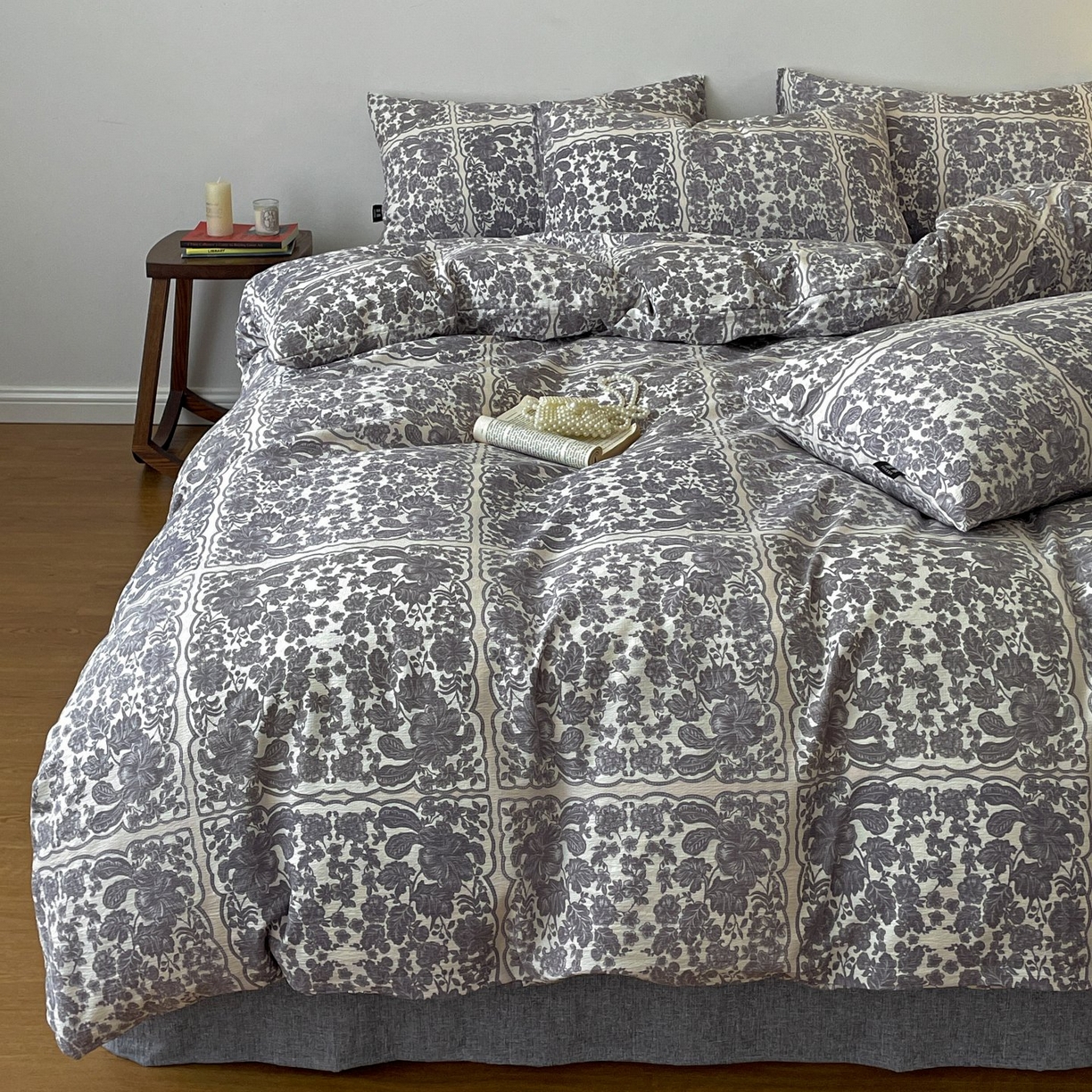 91家纺网 家纺一手货源 找家纺 梦纤绒 2025秋冬新款A类高克重亚麻复古诧季风原麻系列四件套 万象碧螺