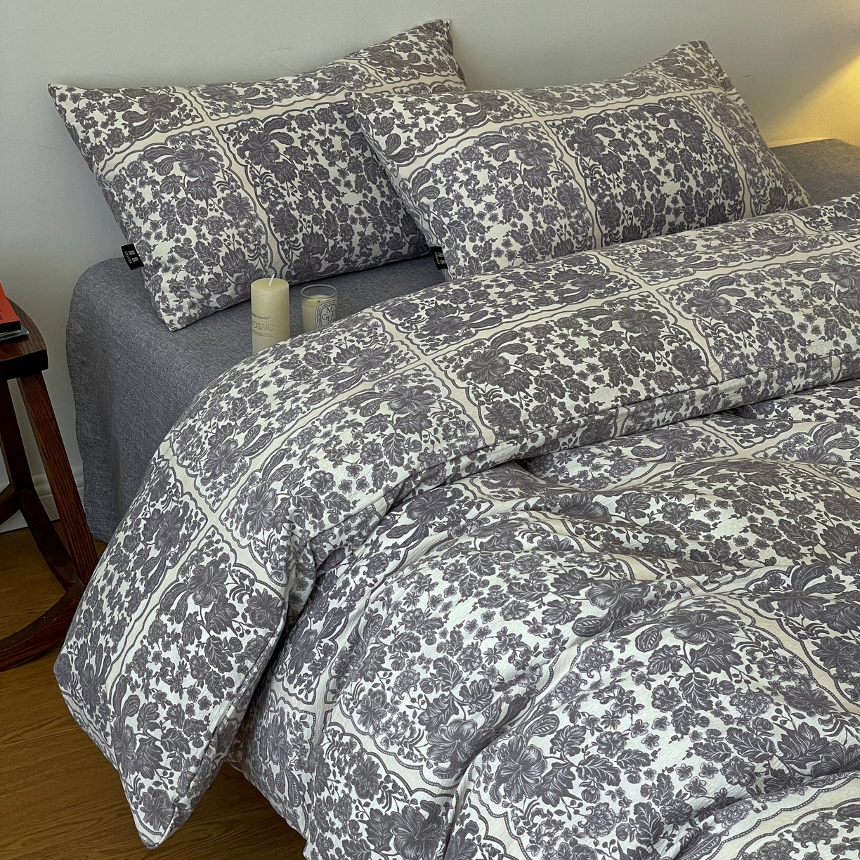 91家纺网 家纺一手货源 找家纺 梦纤绒 2025秋冬新款A类高克重亚麻复古诧季风原麻系列四件套 万象碧螺