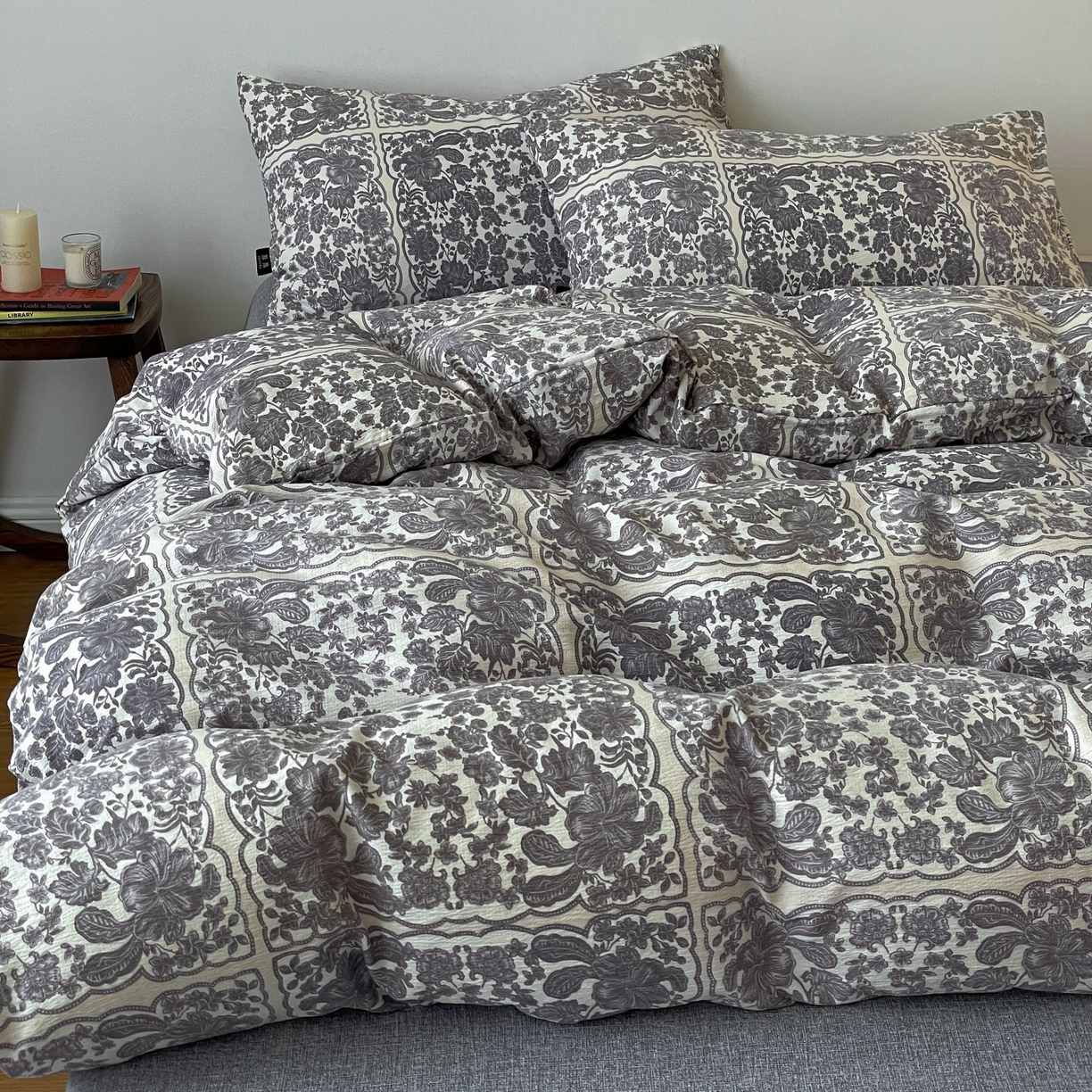 91家纺网 家纺一手货源 找家纺 梦纤绒 2025秋冬新款A类高克重亚麻复古诧季风原麻系列四件套 万象碧螺