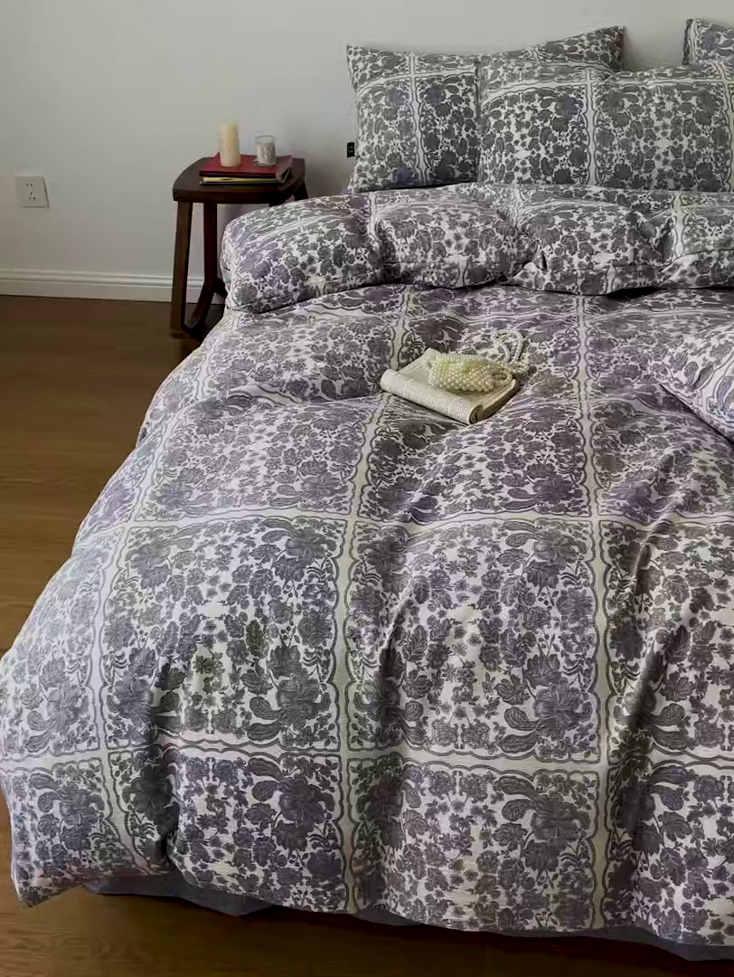 91家纺网 家纺一手货源 找家纺 梦纤绒 2025秋冬新款A类高克重亚麻复古诧季风原麻系列四件套 万象碧螺