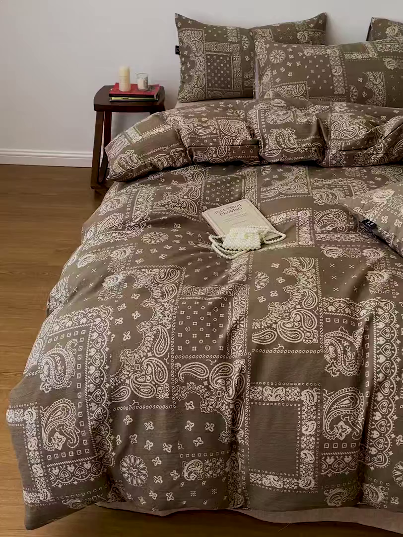 91家纺网 家纺一手货源 找家纺 梦纤绒 2025秋冬新款A类高克重亚麻复古诧季风原麻系列四件套 乌木花园绿