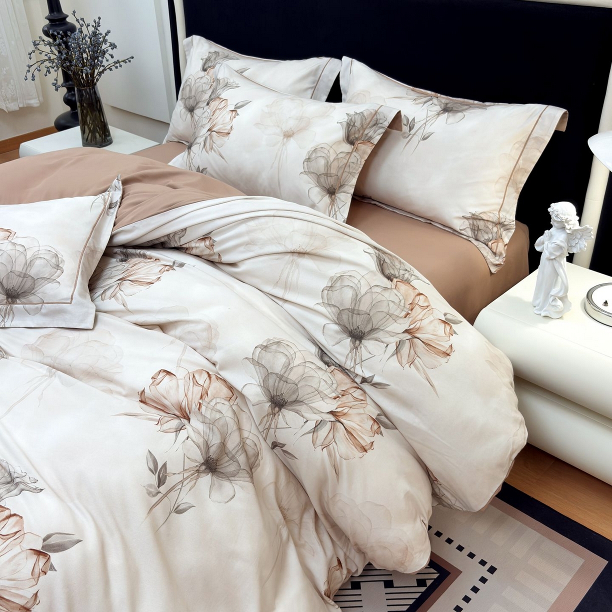 91家纺网 家纺一手货源 找家纺 未来家居 2025新款焕新南疆秋冬全棉加厚磨毛纯色印花四件套 悠然-咖