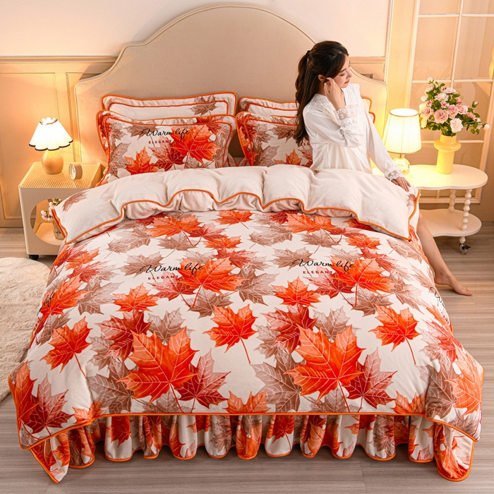 91家纺网 家纺一手货源 找家纺 羽梦2025新款8.5斤牛奶法莱绒金貂法兰绒四件套直播爆款枫叶情