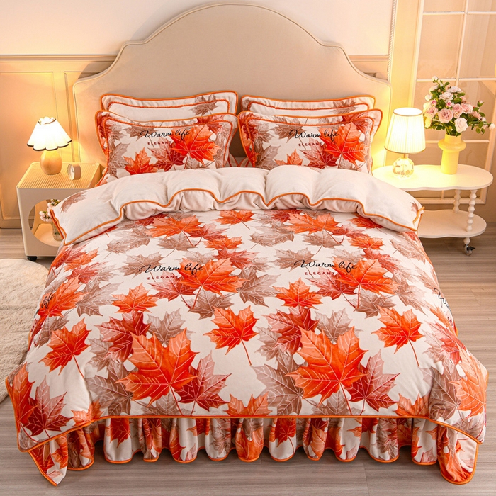 91家纺网 家纺一手货源 找家纺 羽梦2025新款8.5斤牛奶法莱绒金貂法兰绒四件套直播爆款枫叶情