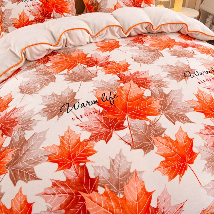 91家纺网 家纺一手货源 找家纺 羽梦2025新款8.5斤牛奶法莱绒金貂法兰绒四件套直播爆款枫叶情