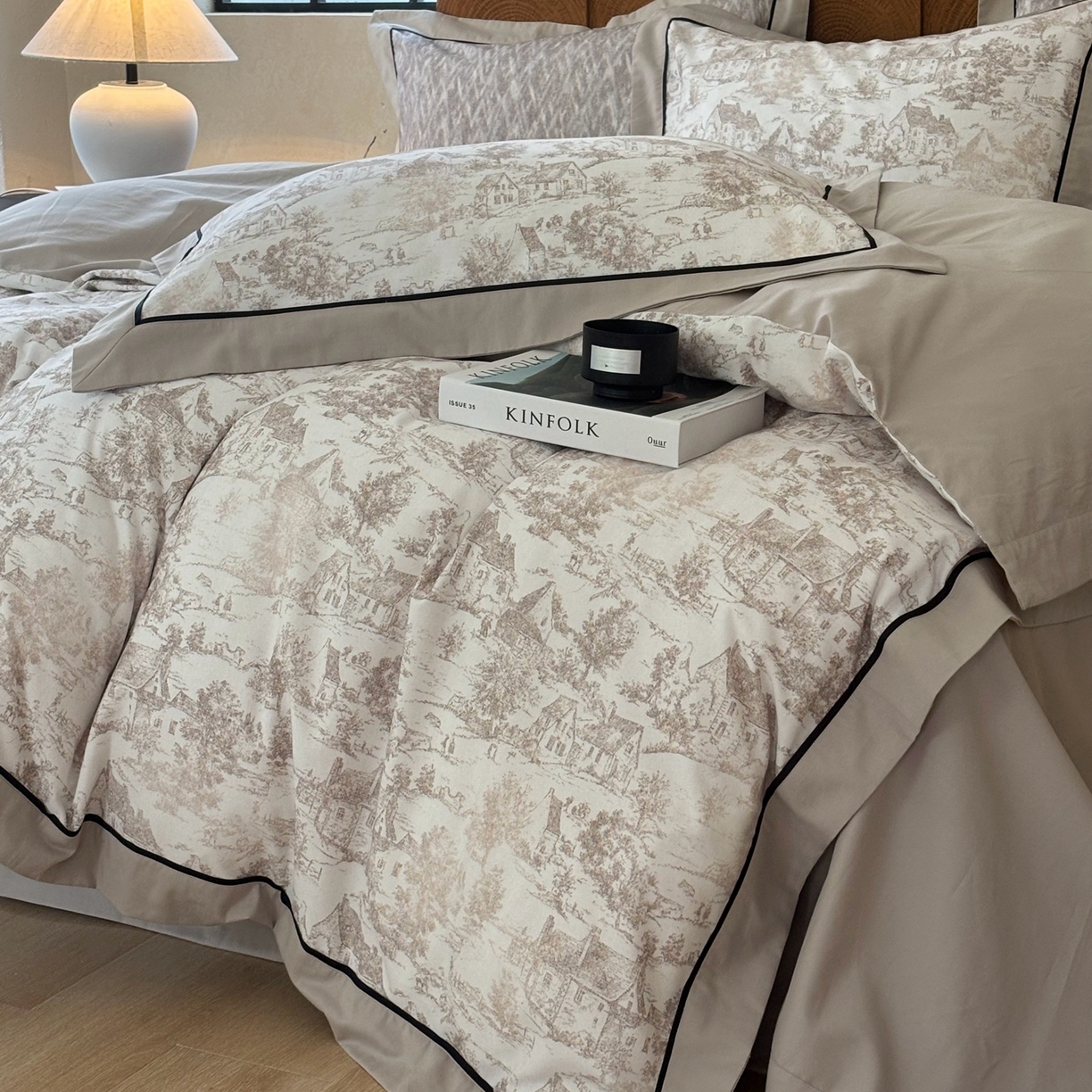 91家纺网 家纺一手货源 找家纺 嘉汀兰2025新款全棉臻品磨毛轻奢时尚秋冬加厚四件套-拼角款 浮生若梦