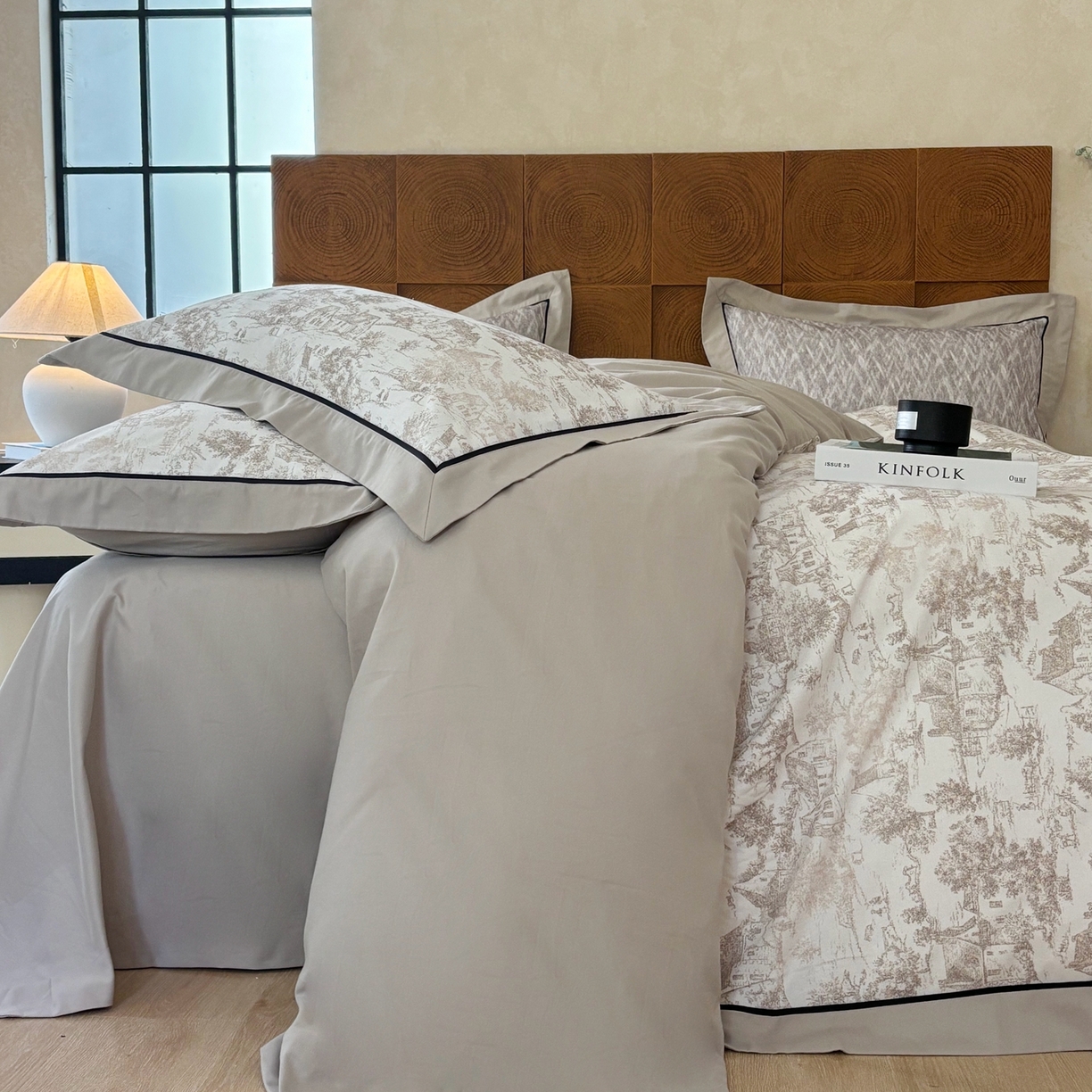 91家纺网 家纺一手货源 找家纺 嘉汀兰2025新款全棉臻品磨毛轻奢时尚秋冬加厚四件套-拼角款 浮生若梦