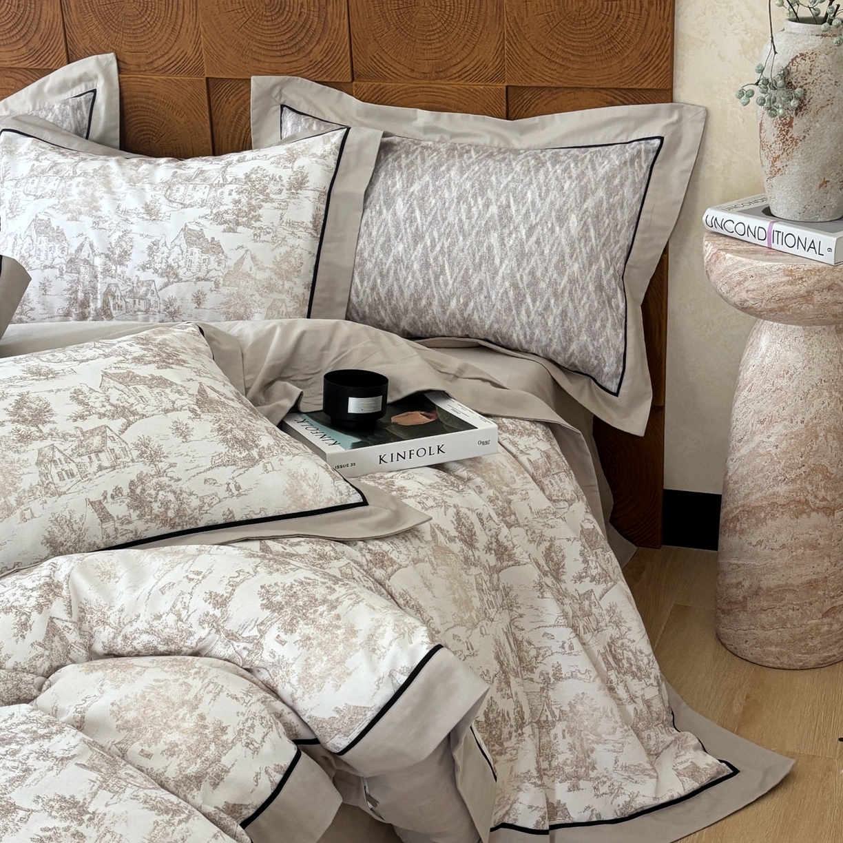 91家纺网 家纺一手货源 找家纺 嘉汀兰2025新款全棉臻品磨毛轻奢时尚秋冬加厚四件套-拼角款 浮生若梦