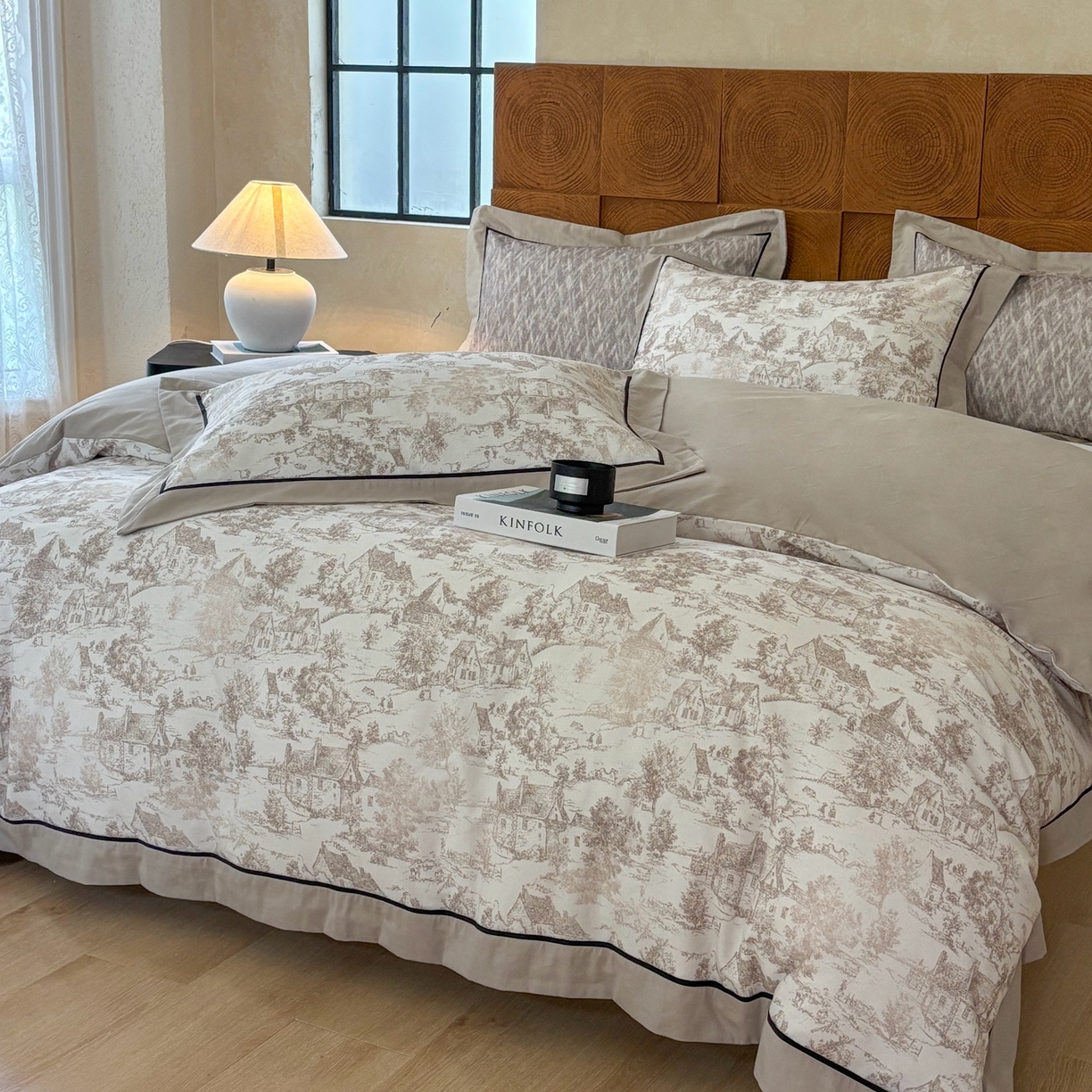 91家纺网 家纺一手货源 找家纺 嘉汀兰2025新款全棉臻品磨毛轻奢时尚秋冬加厚四件套-拼角款 浮生若梦