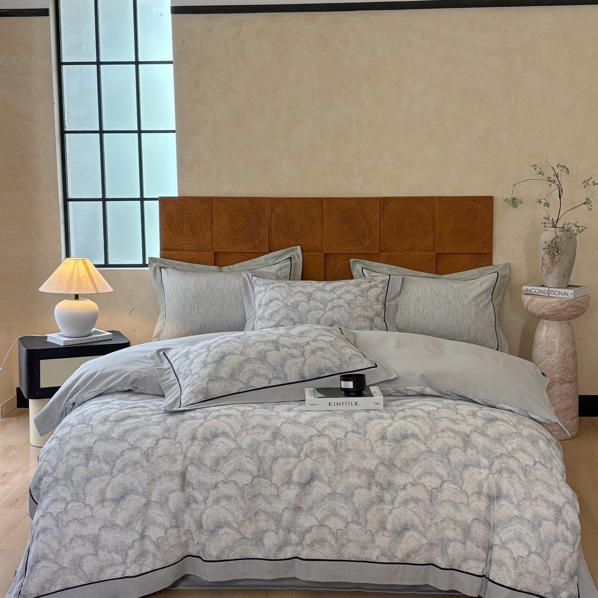 嘉汀兰2025新款全棉臻品磨毛轻奢时尚秋冬加厚四件套-拼角款 雾林-浅灰