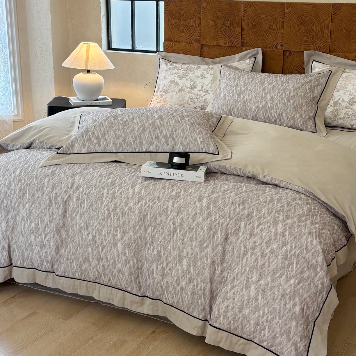 91家纺网 家纺一手货源 找家纺 嘉汀兰2025新款全棉臻品磨毛轻奢时尚秋冬加厚四件套-拼角款 星辰