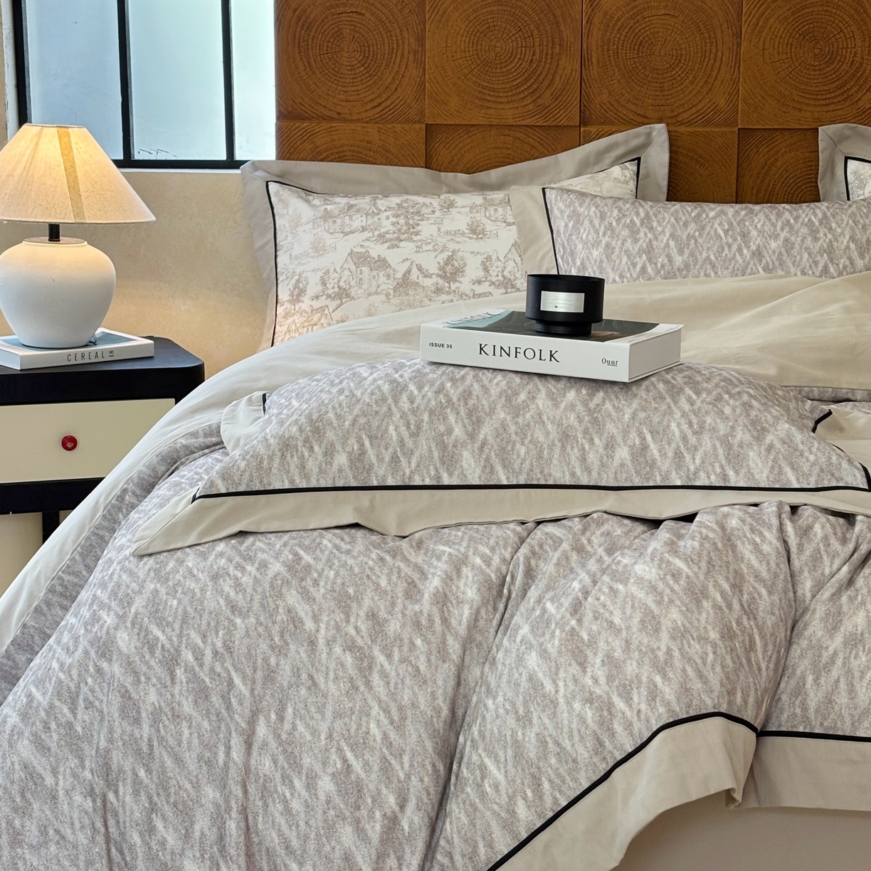 91家纺网 家纺一手货源 找家纺 嘉汀兰2025新款全棉臻品磨毛轻奢时尚秋冬加厚四件套-拼角款 星辰