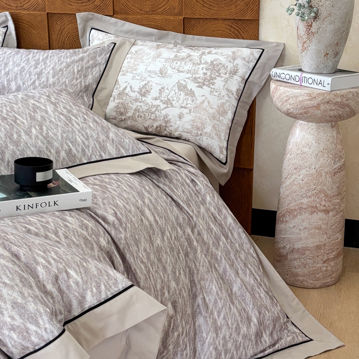 91家纺网 家纺一手货源 找家纺 嘉汀兰2025新款全棉臻品磨毛轻奢时尚秋冬加厚四件套-拼角款 星辰