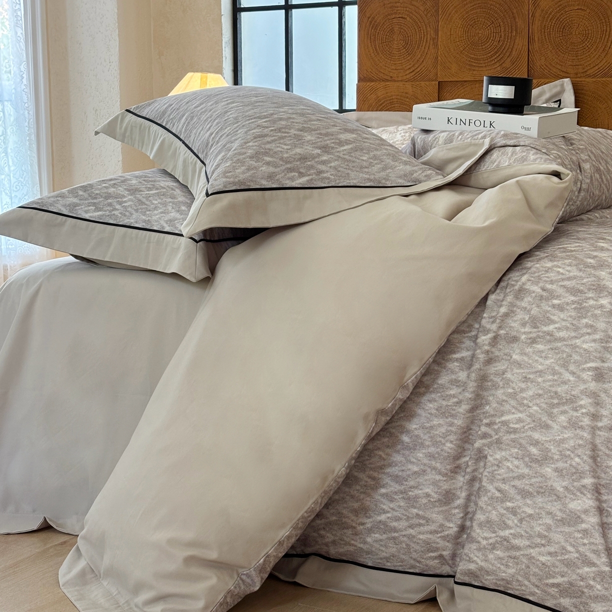 91家纺网 家纺一手货源 找家纺 嘉汀兰2025新款全棉臻品磨毛轻奢时尚秋冬加厚四件套-拼角款 星辰