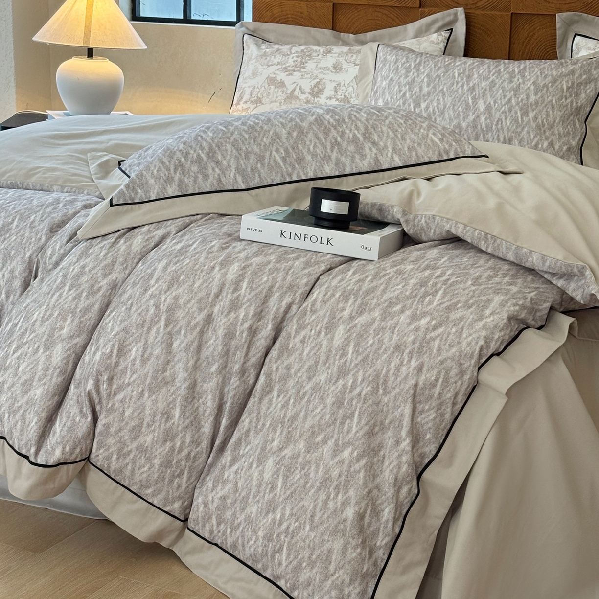 91家纺网 家纺一手货源 找家纺 嘉汀兰2025新款全棉臻品磨毛轻奢时尚秋冬加厚四件套-拼角款 星辰