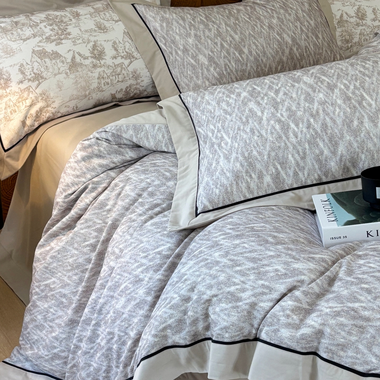 91家纺网 家纺一手货源 找家纺 嘉汀兰2025新款全棉臻品磨毛轻奢时尚秋冬加厚四件套-拼角款 星辰