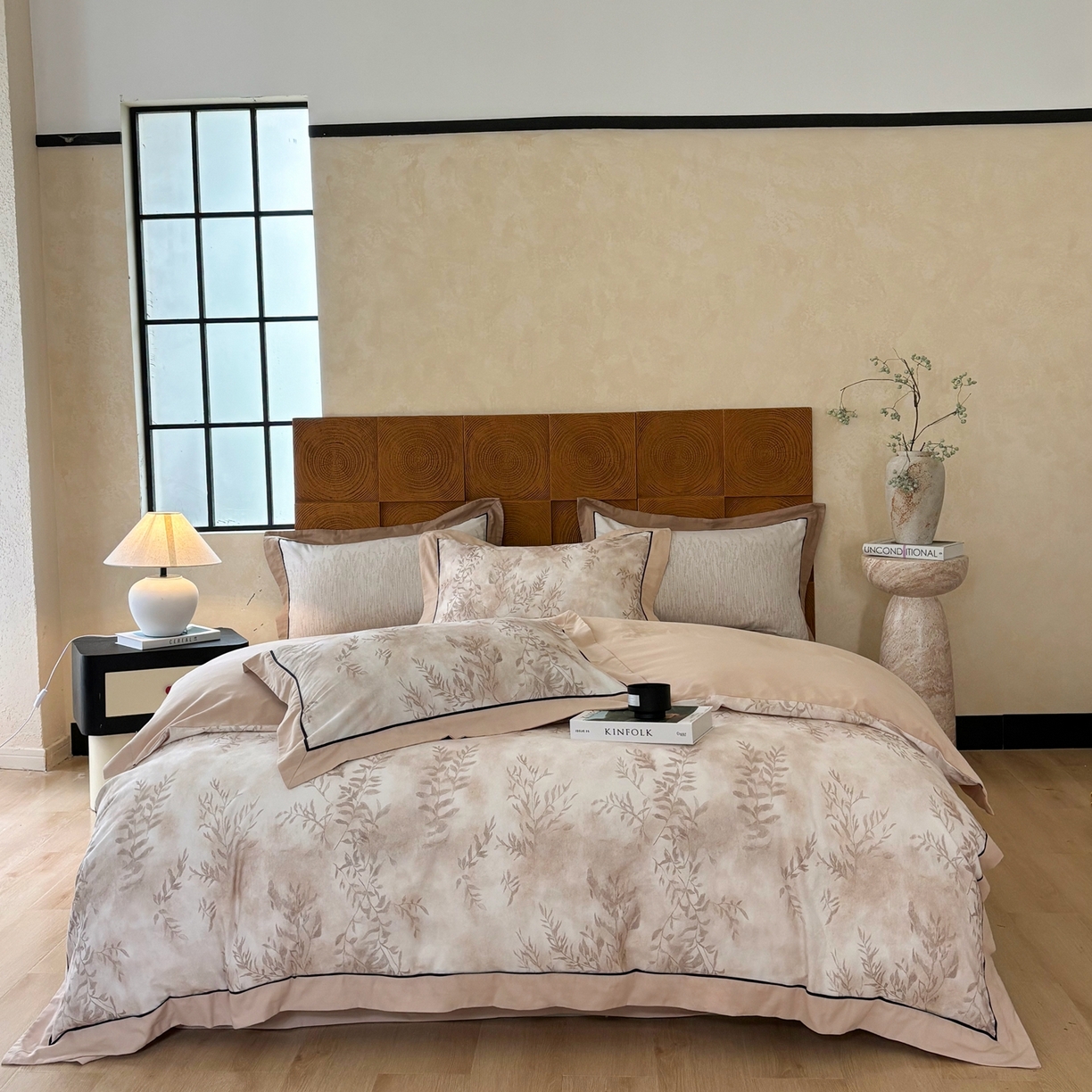 嘉汀兰2025新款全棉臻品磨毛轻奢时尚秋冬加厚四件套-拼角款 杏花微雨