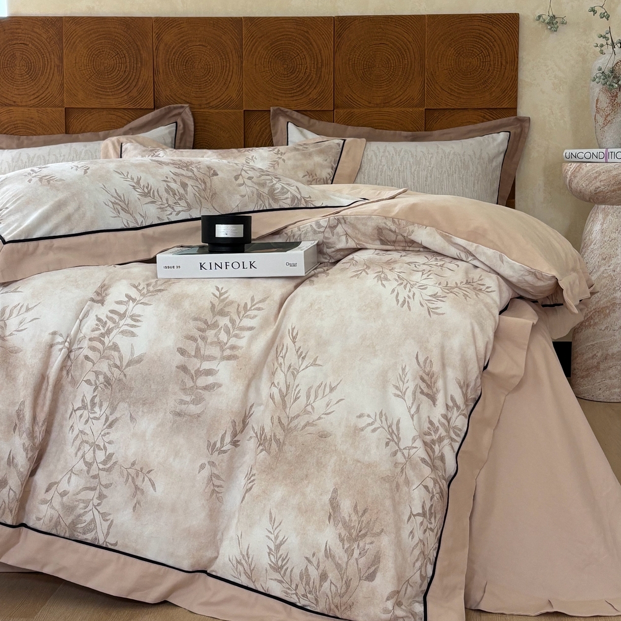 91家纺网 家纺一手货源 找家纺 嘉汀兰2025新款全棉臻品磨毛轻奢时尚秋冬加厚四件套-拼角款 杏花微雨