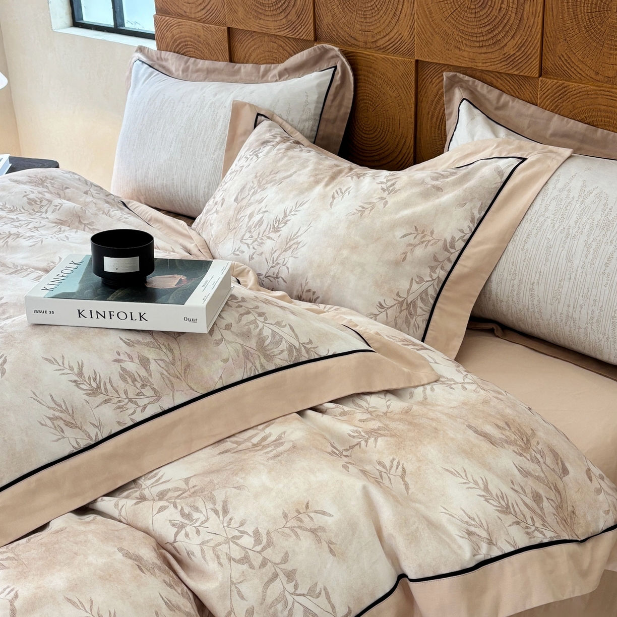 91家纺网 家纺一手货源 找家纺 嘉汀兰2025新款全棉臻品磨毛轻奢时尚秋冬加厚四件套-拼角款 杏花微雨