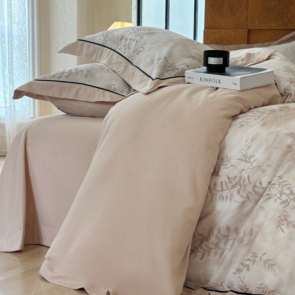 91家纺网 家纺一手货源 找家纺 嘉汀兰2025新款全棉臻品磨毛轻奢时尚秋冬加厚四件套-拼角款 杏花微雨