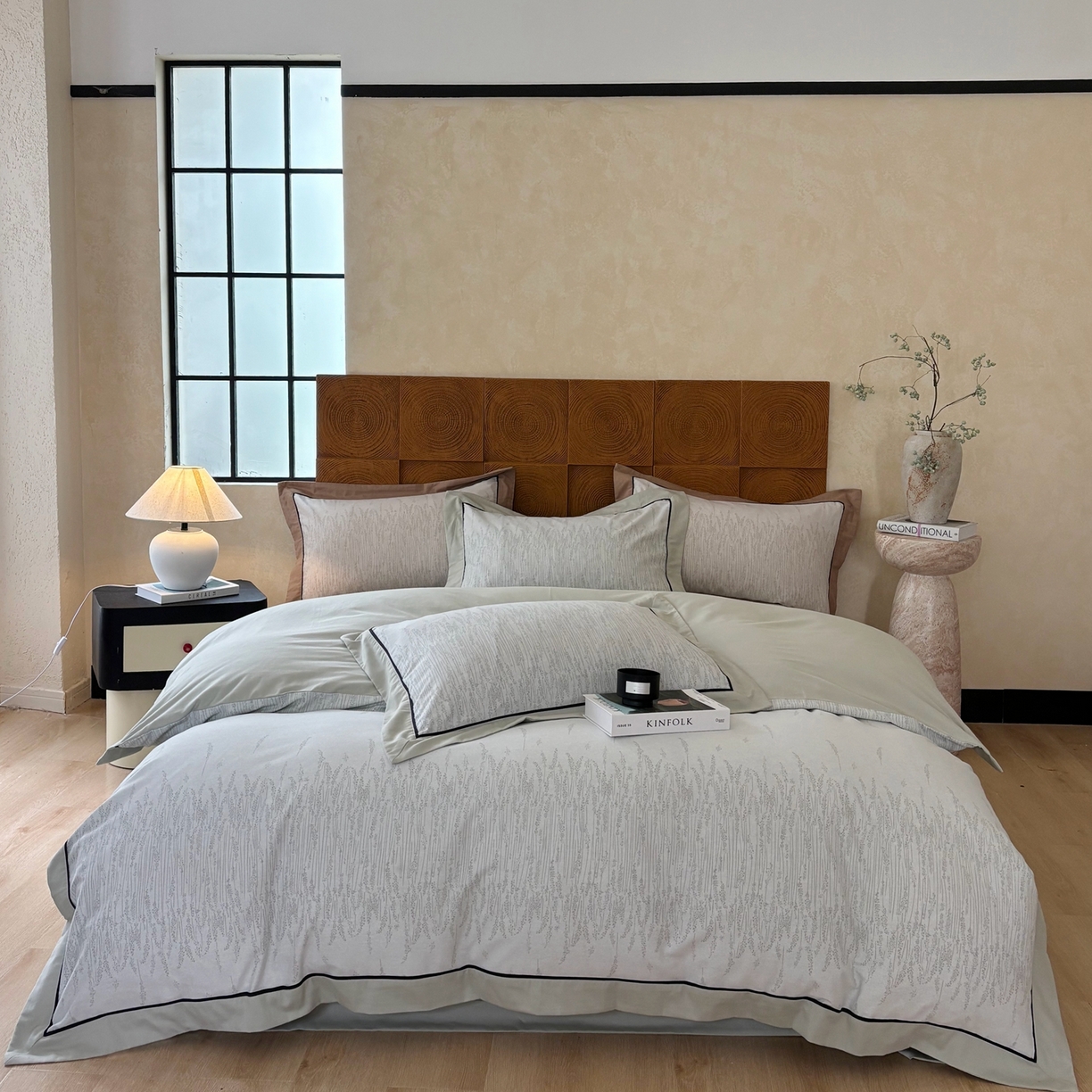 嘉汀兰2025新款全棉臻品磨毛轻奢时尚秋冬加厚四件套-拼角款 长相依-草绿