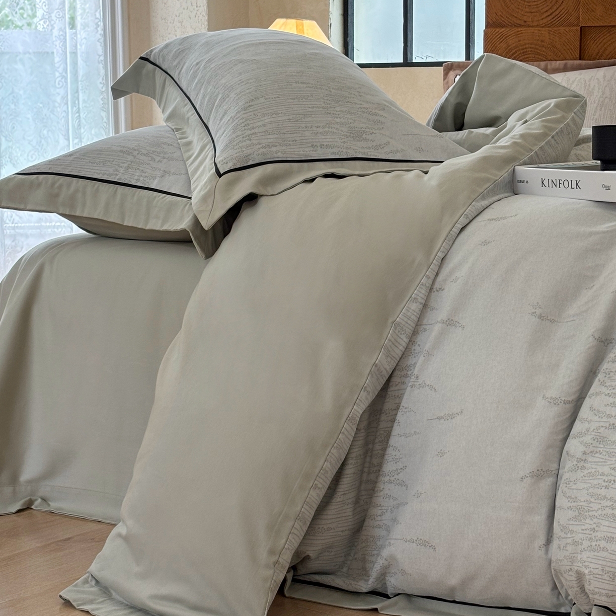 91家纺网 家纺一手货源 找家纺 嘉汀兰2025新款全棉臻品磨毛轻奢时尚秋冬加厚四件套-拼角款 长相依-草绿