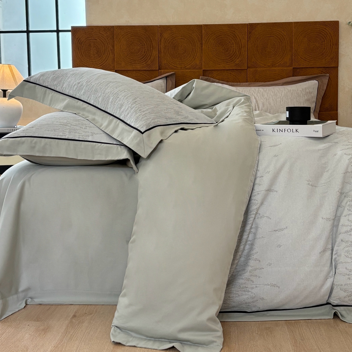 91家纺网 家纺一手货源 找家纺 嘉汀兰2025新款全棉臻品磨毛轻奢时尚秋冬加厚四件套-拼角款 长相依-草绿