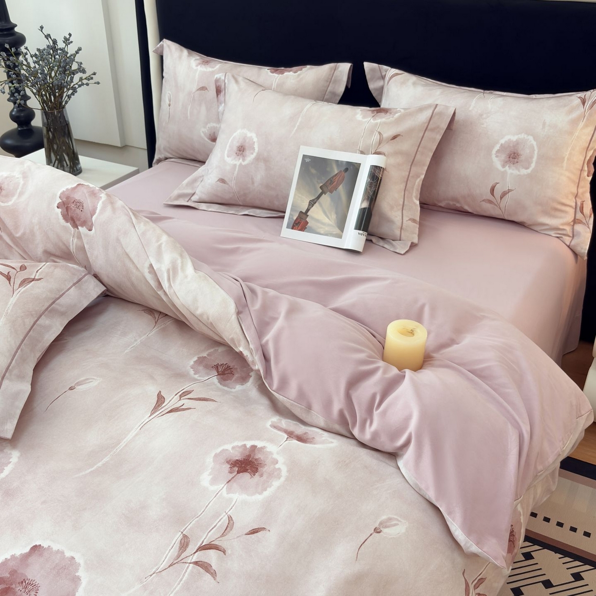 91家纺网 家纺一手货源 找家纺 未来家居 2025新款焕新南疆秋冬全棉加厚磨毛纯色印花四件套 锦绣时光-粉