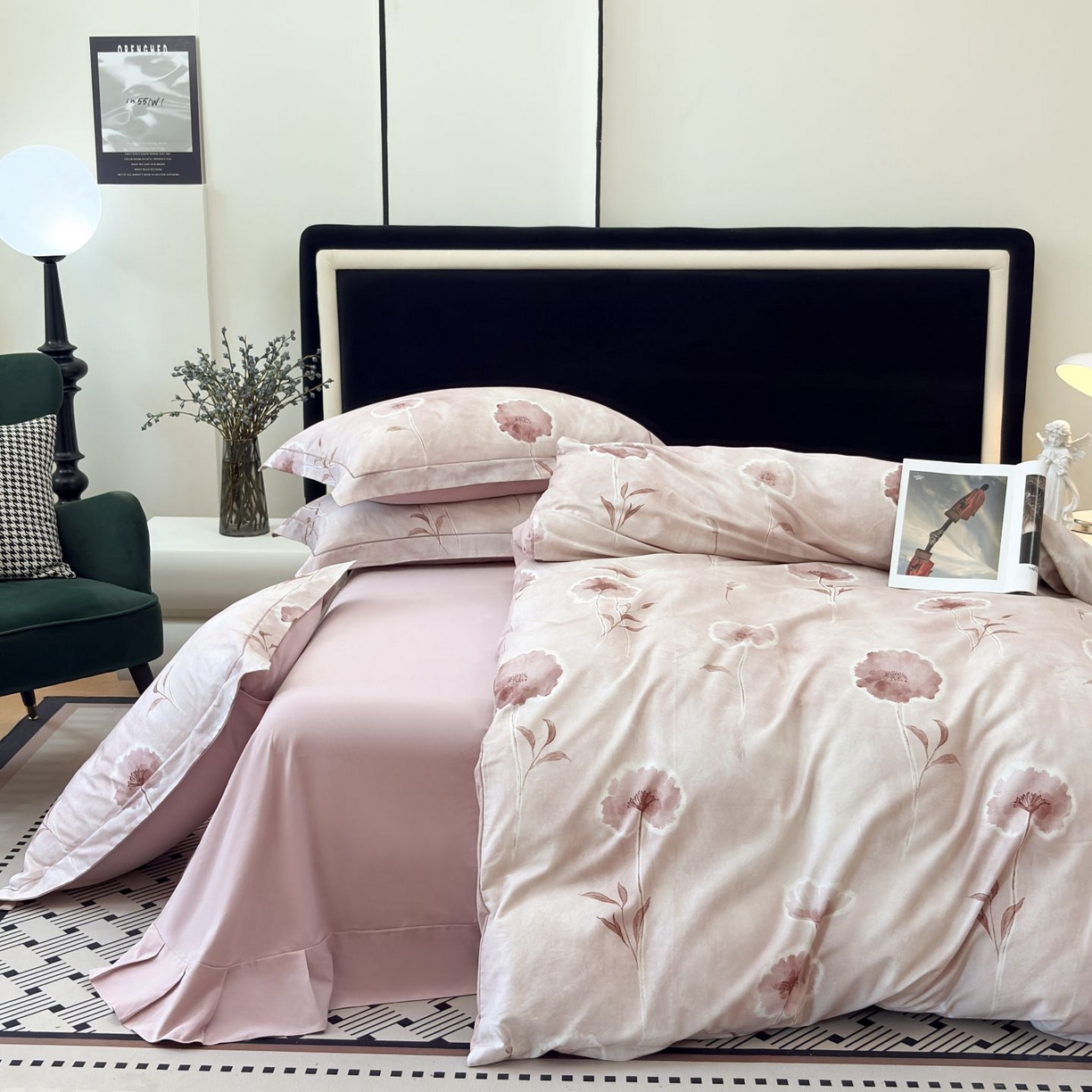 91家纺网 家纺一手货源 找家纺 未来家居 2025新款焕新南疆秋冬全棉加厚磨毛纯色印花四件套 锦绣时光-粉