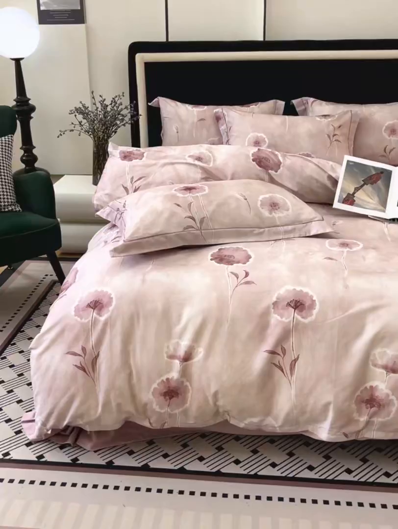 91家纺网 家纺一手货源 找家纺 未来家居 2025新款焕新南疆秋冬全棉加厚磨毛纯色印花四件套 锦绣时光-粉