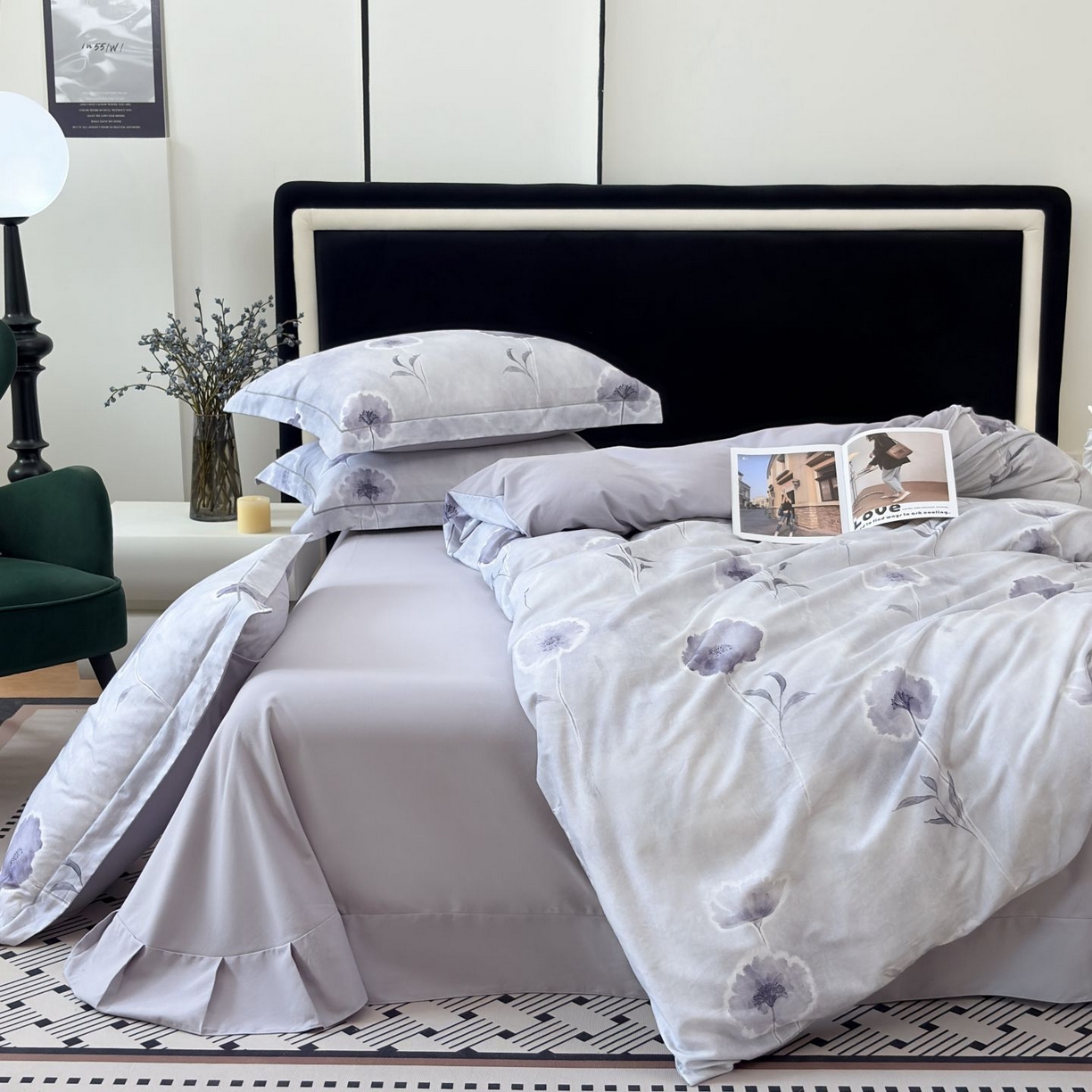 91家纺网 家纺一手货源 找家纺 未来家居 2025新款焕新南疆秋冬全棉加厚磨毛纯色印花四件套 锦绣时光-蓝