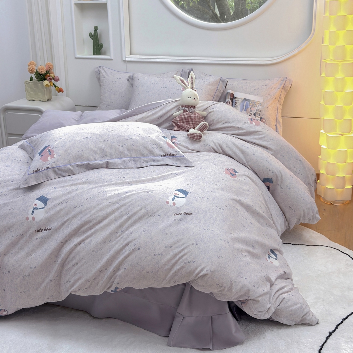 91家纺网 家纺一手货源 找家纺 未来家居 2025新款焕新南疆秋冬全棉加厚磨毛纯色印花四件套 幸福熊-米