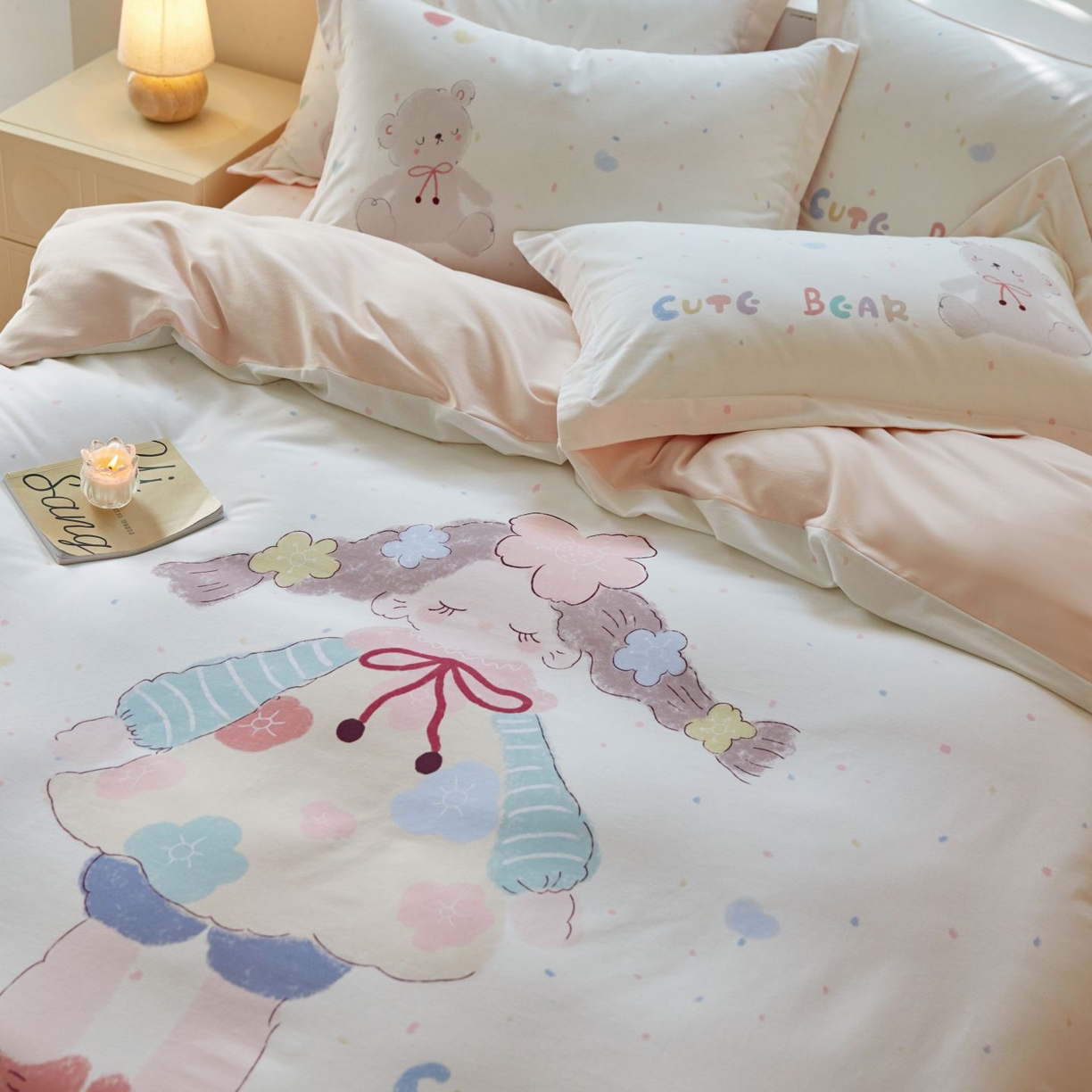 91家纺网 家纺一手货源 找家纺 未来家居 2025新款焕新南疆秋冬全棉加厚磨毛纯色印花四件套 可爱哆米