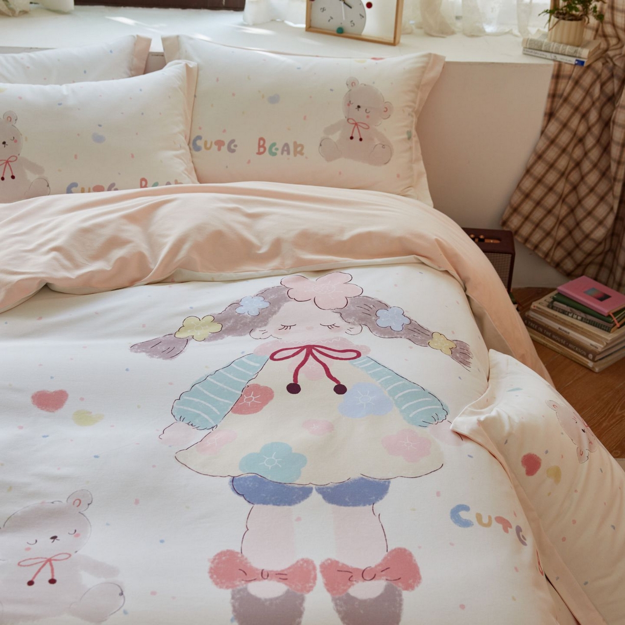 91家纺网 家纺一手货源 找家纺 未来家居 2025新款焕新南疆秋冬全棉加厚磨毛纯色印花四件套 可爱哆米